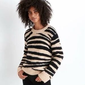 Madewell Size Large Oversized Boxy Beige Black Tiger Striped Wool Alpaca Sweater